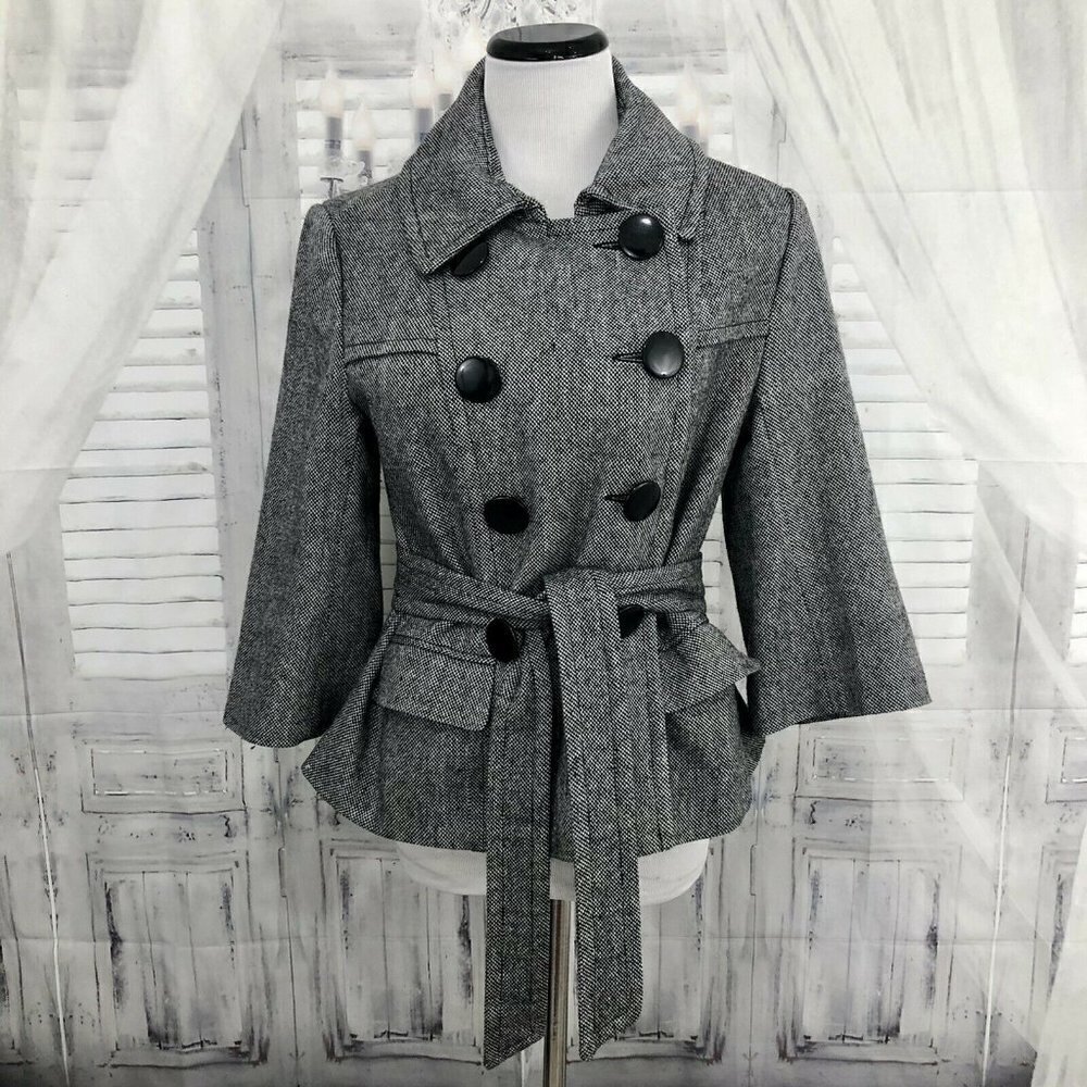 Cato Small Gray Peacoat Double Breasted Coat Belted Wool 3/4 Sleeve Pockets
